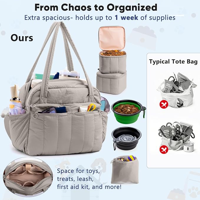 Dog Travel Bag for Supplies, Airline Approved Pet Travel Organizer with 2 Food Containers & Collapsible Bowls, Large Capacity Dogs Tote Bag for Weekend, Stylish Dog Mom Gift for Pet Lovers