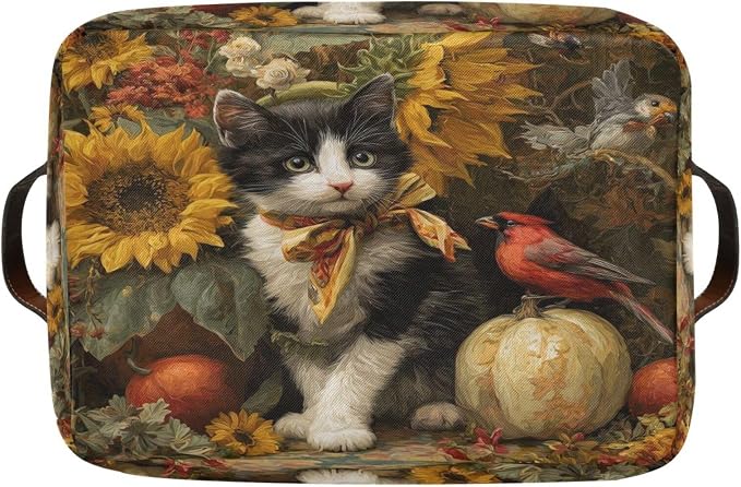 Fall Cat Yellow Sunflowers Rectangular Storage Bin Basket with Handles - Laundry Storage Basket Organizer Bins for Pets Room Books Closet