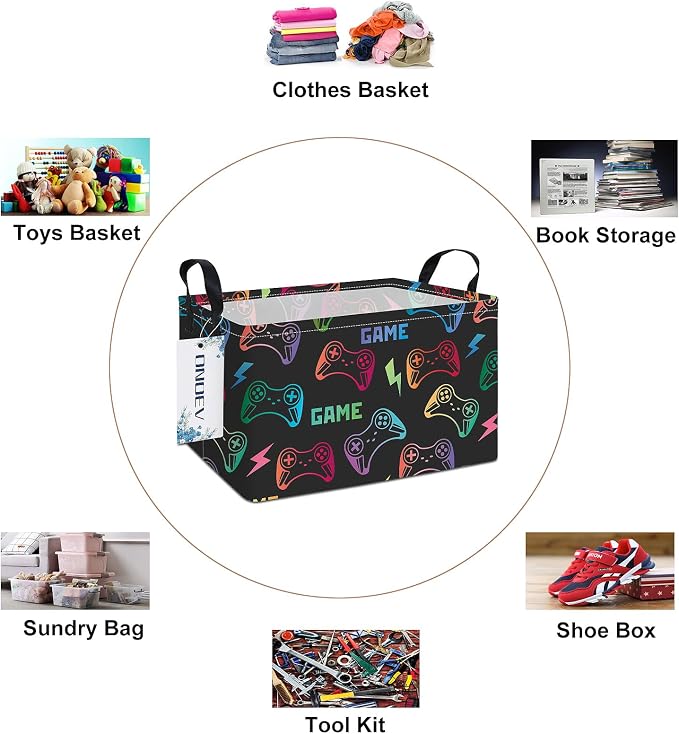 Rectangular Game Controller Storage Bin,Closet Organizer Basket | Waterproof fabric,reinforced handles,foldable bin holds apparel,gaming gear and daily belongings for teen‑boy bedrooms