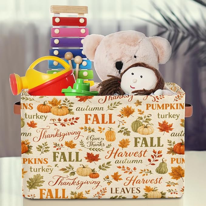 Fall Autumn Basket Storage Bins Rectangle Canvas Basket Cube Storage Box | Nursery Foldable Basket with Handle for Kids Girls Boys Toys Living Room Closet Organizer Shelf Gifts Thanksgiving Pumpkin