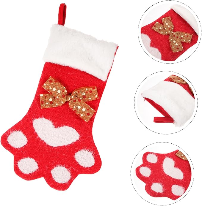 Xmas Themed Dog Paw Stocking Pendant Creative Knit Sock Hanging Ornament for Christmas Tree Fireplace Decoration Candy Storage Holiday for Pets