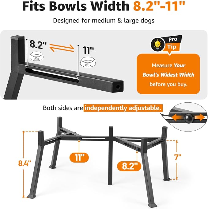 LOOBANI Double Dog Bowl Stand Adjustable 8.2"-11" Width for Large Seniors | Reduces Neck Strain, Non-Slip Rubber Feet, Rust-Proof Stand, Easy Clean, for Senior & Arthritic Dogs