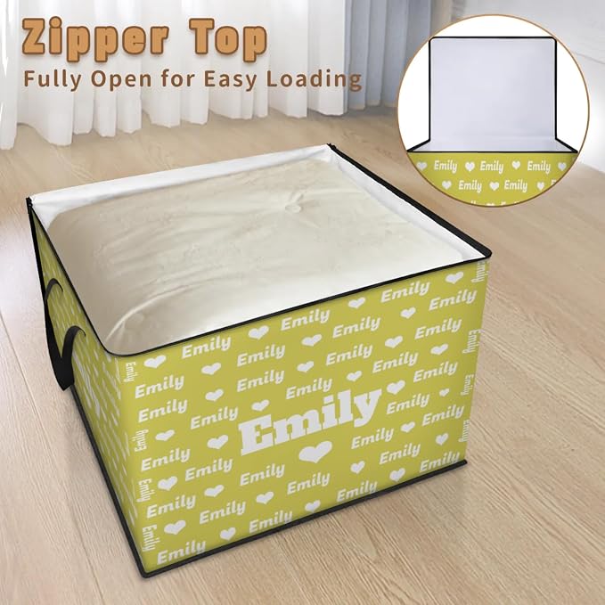 Personalized Name Foldable Storage Basket Cubes with Lid, Laundry Hamper Dirty Clothes Pet Toys Storage Bin with Handles for Shelf Home Closet Kitchen, Lime Yellow Background with Love Hearts
