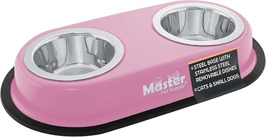 Master Pet Supply Double Dog Bowls Set with Elevated Base and 2 (8 oz) Stainless Steel Removable Dishes (Hyper Pink) – Double Cat Food Water Bowl, Dog Puppy Food Bowl Set, Rust Resistant