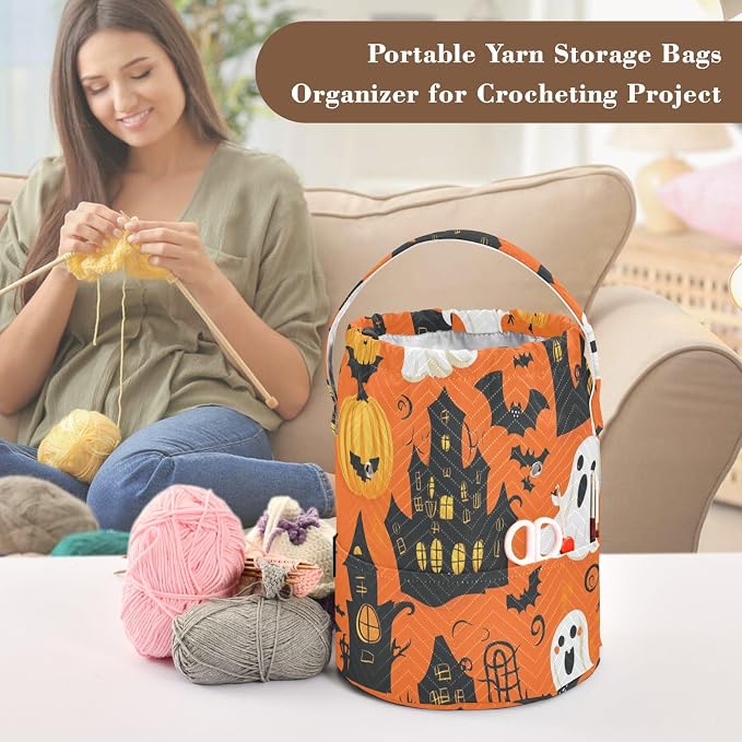 Tatenale Crochet Bag Yarn Bag Knitting Project Bag with Pockets and Handle Portable Yarn Storage Organizer Tangle Free 8.3x11 InchFunny Orange Halloween Bat Castle Ghost Pumpkins17