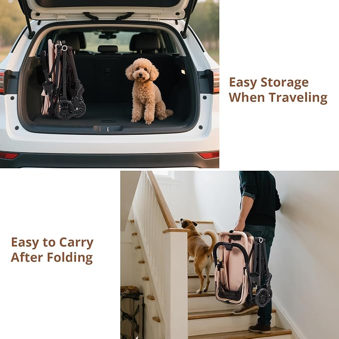 Foldable Pet Stroller for Medium Small Dogs Cats, 4-Wheel Lightweight Dog Stroller with 360° Swivel Wheels & Foot Brake, Breathable Mesh Weather-Resistant Luxury Cat Travel Carriage, 50 Lbs, Khaki