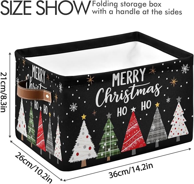 Merry Christmas Tree Black Storage Basket with Waterproof Liner and PU Handles Winter Snowflake Xmas Storage Bins Boxes 14.2" Collapsible Decorative Organizer Baskets for Bedroom Closet Office 2 Pack