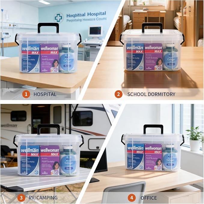 HEY FOLY 15qt Clear Medicine Organizer Storage Box, Plastic First Aid Box Empty, Thickened Medicine Container Chest, Multipurpose Medical Case with Labels, Medicine Caddy with Lids