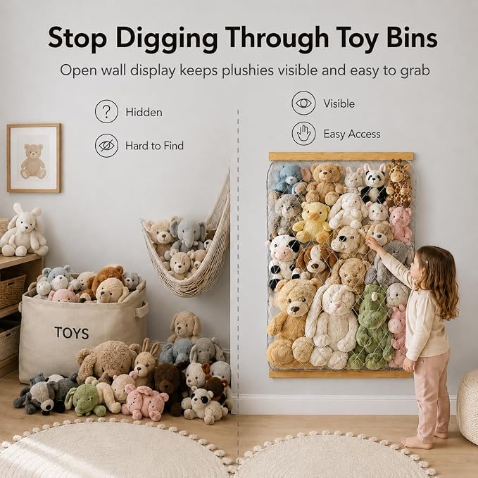 Stuffed Animal Storage Holder, Elastic Stuffed Animal Net,Door/Wall Mount Length Adjustable Hanging Stuffed Animal Organizer, Plushie Net for Nursery Play Room-Origin Boards Patent