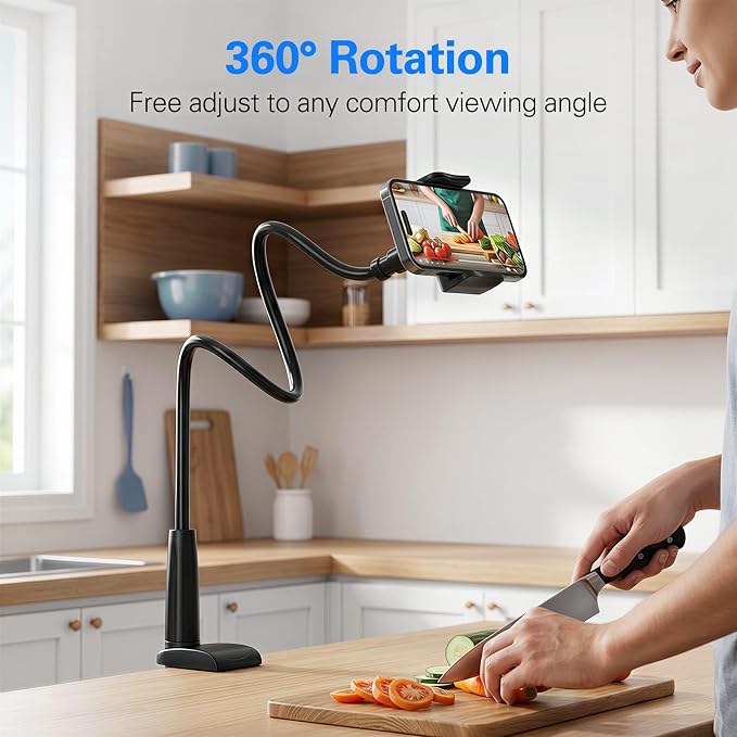Gooseneck Phone Holder for Bed, Flexible Overhead Cell Phone Mount for Desk, Hands-Free Viewing Clamp Stand Compatible with iPhone 17 16 15 Pro Max and 3.5-7" Devices