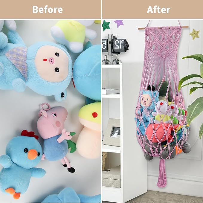 63 Inch Stuffed Animal Hammock Corner,Macrame Toy Plushie Net,Pink | Wall Ceiling Over Door Hanging Net for Stuffed Animals,Stuffy Storage Display w/ Star Lights,Nursery Playroom Kid Room Decor