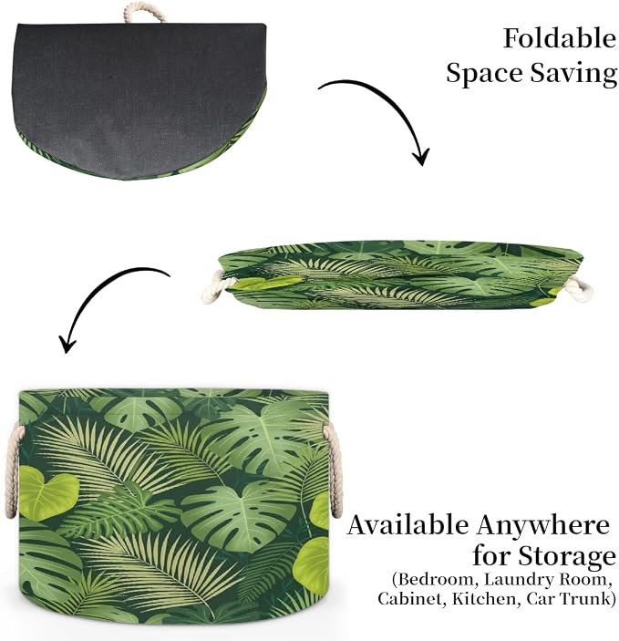 Large Storage Baskets - Monstera Heart Leaf Nursery Organizer Bin Box with Handles Collapsible Round Laundry Hamper for Kids Toys Pet Blanket, Bedroom Living Room Home Decor Gift Basket