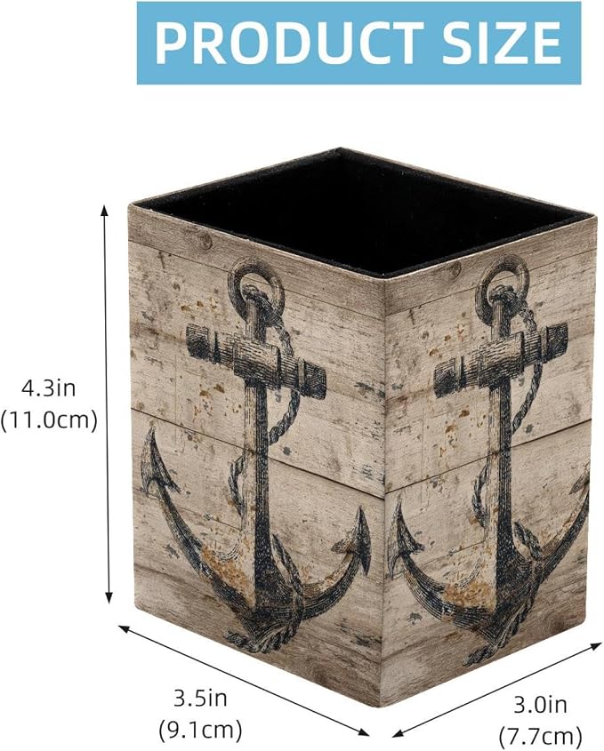 Vintage Anchor Pen Holder for Desk Decor, Rectangular PVC Leather Pencil Cup for Desk Pen Organizer, Makeup Brush Holder for School, Home, Office