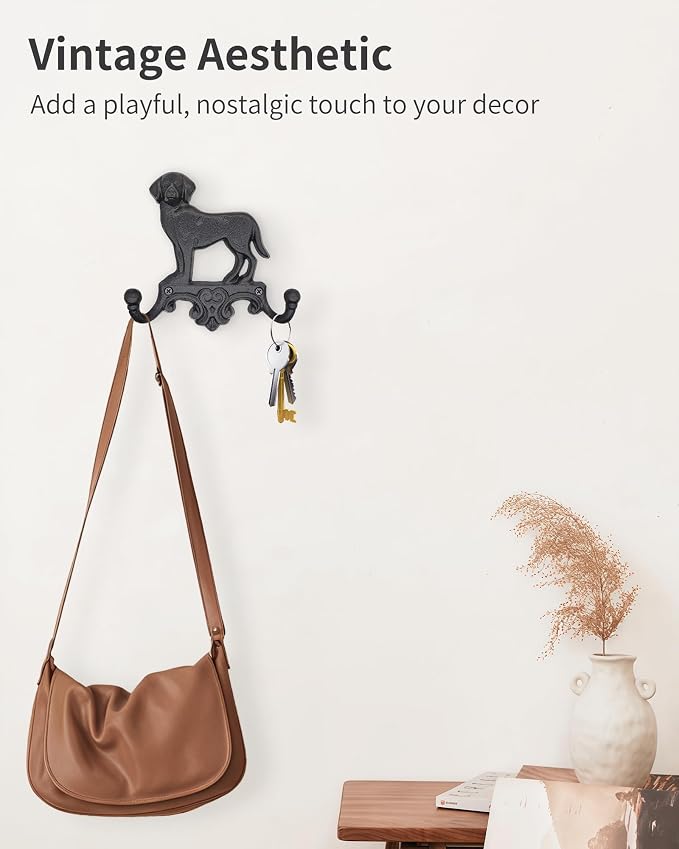 Cast Iron Dog Wall Hooks for Hanging, Heavy Duty Dog Leash Holder for Wall Mount Coat Hooks Decorative Key Hanger Vintage Farmhouse Entryway Cute Animal Decor Rustic Black 1 Pack