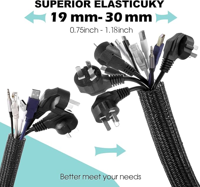 AGPTEK Cable Sleeve, 6.6ft - 1.2 inch Cable Management Cord Hider, Black | Desk Cord Cover Organizer Wire Hider for Office Computer TV Wire Loom Tubing Pet-Proof Cord Protector from Cat Dog Chewing
