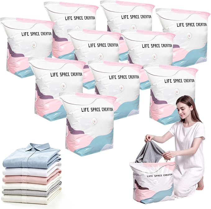 10PCS No Pump Vacuum Storage Bags, No Pump Large Vacuum Storage Compression Bags, Thick Airtight Reusable Organizer for Clothes Comforters Travel Moving Closet Storage (M)