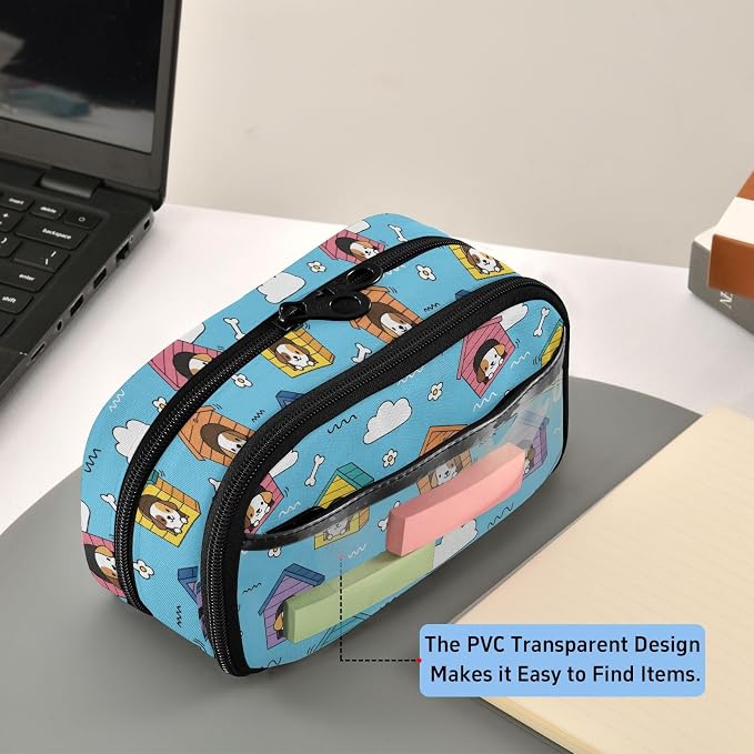 Cute Pets Puppy Blue print Large Capacity Pencil Case with Zipper Water Resistant Portable Organizer Pen Bag for Students Office School