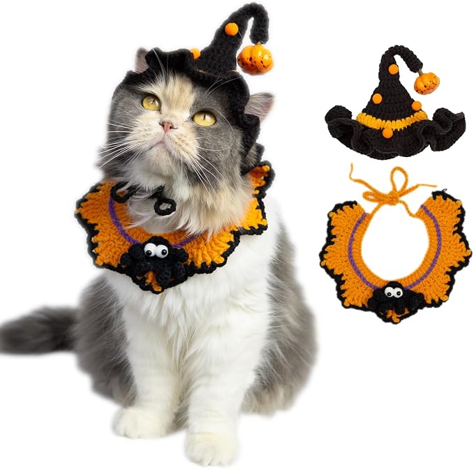 Halloween Pet Costume,Spider & Black Witch Hat for Rabbits,Cats and Small Sized Dogs,Hand-Knit Festive Halloween-Themed Cat Apparel,Dog Halloween Outfits,Cat Witch Costume
