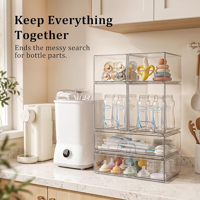 Clear Stackable Storage Drawers: Acrylic Organizer Bins 6 Pack | for Baby Bottle makeup Ideal for Countertop, Vanity, Station, Bathroom, Kichen Cabinet Pantry Organization
