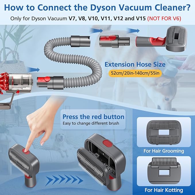 Pet Dog Grooming Attachment Kit Compatible with Dyson V7 V8 V10 V11 V12 V15 Vacuums (Not for V6), Dog Deshedding Brush Attachment for Shedding Grooming, Hair Grooming Tools for Dog and Cat, 6 Pack