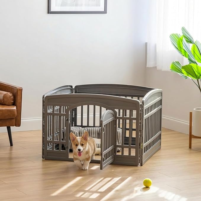 IRIS USA 4-Panel Dog Playpen, Pet Enclosure, Dark Gray | Heavy Duty Plastic, Puppy Training, Indoor Outdoor, Portable, Foldable, Multiple Pets