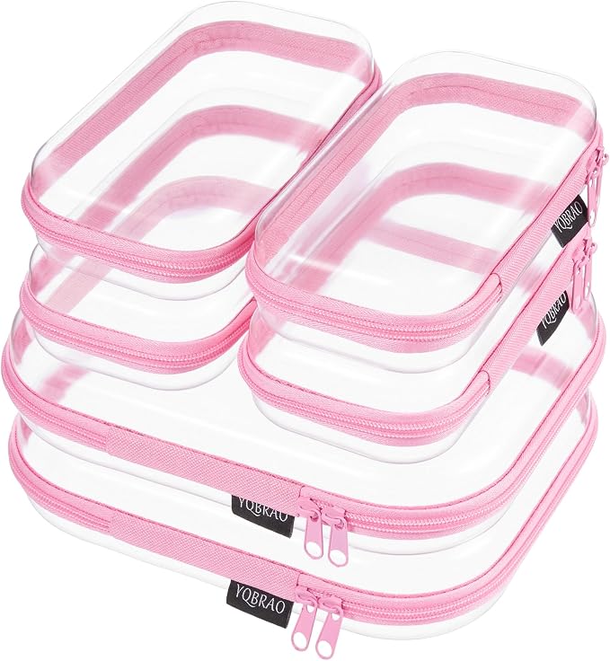 YQBRAO Clear Hard Shell Zipper Cases, 6 Travel Organizers, 2M 4S, Pink | Rigid clear shells in two practical sizes separate toiletries, skincare, cosmetics, chargers and frequently used accessories