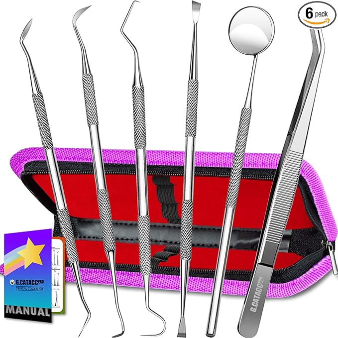 G.CATACC Dental Tools, Dental Pick Teeth Cleaning Tools Hygiene Kit, Plaque Remover for Teeth, Professional Stainless Steel Tooth Scraper Plaque Tartar Cleaner - with Case