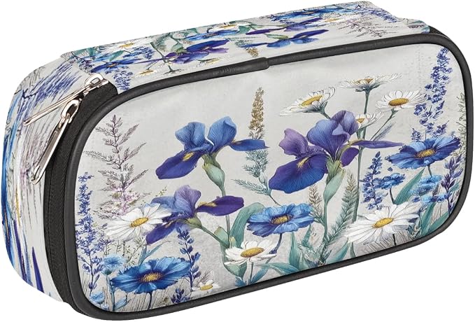 Cute Pencil Case for Girls Boys, Watercolorblue Purple Wildflowers Portable Pencil Bags Pouch Pen Case Organizer with Zipper for School College Office