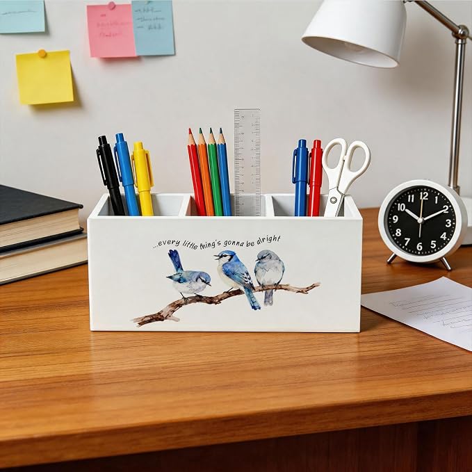Inspirational Birds Pen Holder - Rustic Farmhouse Bird Lover Gifts Desk Decor Wooden Box Sign, Every Little Thing Is Gonna Be Alright Desk Accessories Decor