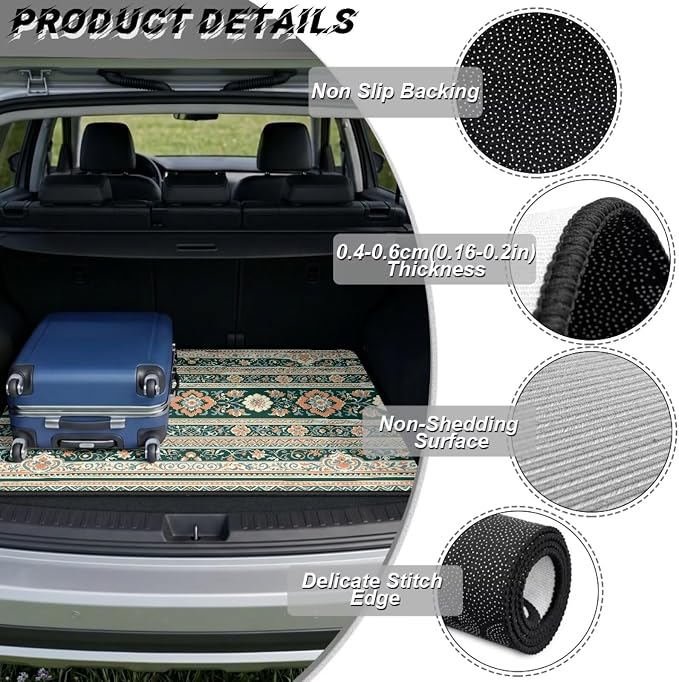Howilath Heavy Duty Car Trunk Mat Non-Slip All Weather Green Floral Striped Aztec Rear Trunk Protection Auto Interior Accessory Durable & Easy Clean