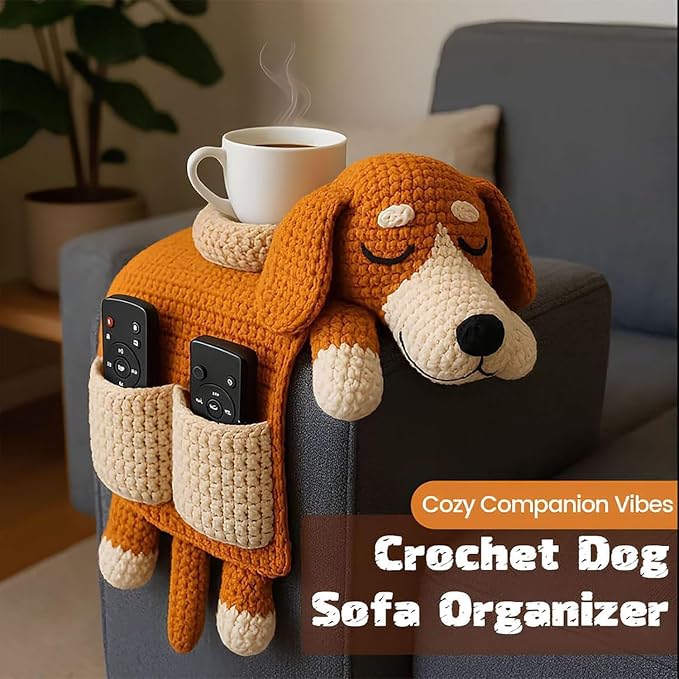 Crochet Sofa Armrest Organizer with Cup Holder, Cute Dog & Cat Shaped Couch Caddy, Anti-Slip Remote Control Holder for Recliner, Handmade Storage Pocket for Tablet, Gifts for Pet Lovers (white)