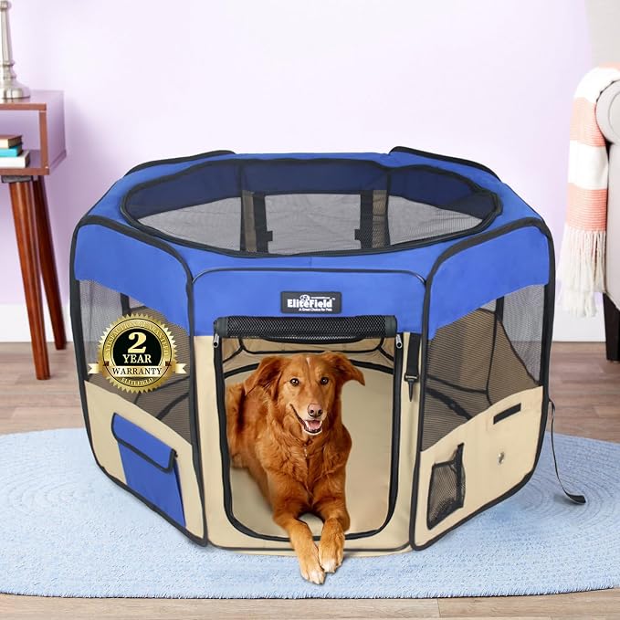 EliteField 2-Door Soft Pet Playpen for Dogs and Cats (2-Year Warranty) | 600D Fabric, Washable Floor Mat & Top Cover, Indoor/Outdoor, Carrying Bag, Ground Stakes, Zipper Locks