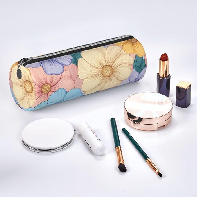 OSAM SPACE Leather Pencil Case Round Pencil Bag Flowers Boho Colorful Pen Organizer Holder Portable Zipper Pouch Cute School Supplies for Girls Boys Study Office