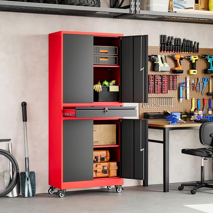 Metal Garage Storage Cabinet with Locking Doors and Adjustable Shelves,- 73" Rolling Tool Storage Cabinet with 4 Wheels and 1 Drawer for Garage,Warehouse (Red Black)