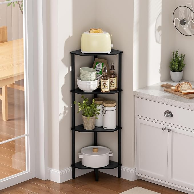 Corner Shelf Stand, 4 Tier Corner Bookshelf, Bamboo Storage Standing Shelf Unit, Tall Storage Plant Stand,Bookcase for Living Room, Home Office, Bedroom, Kitchen, Black