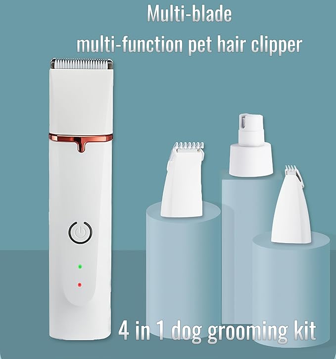 Dog Clippers Grooming Kit 4 in 1 Pet Hair Clipper-Low Noise Dog Paw Trimmer- Rechargeable - Cordless Quiet Pet Dog Cat Nail Grinder Trimming Hair Around The Eyes and Ears for Dogs and Cats (White)