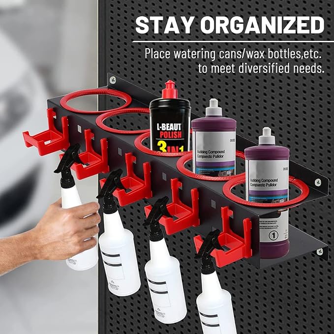 Spray Bottle Storage Rack with Extra Abrasive Holder, Wall Mount Hanging Rail Car Beauty Shop Accessory Display Auto Cleaning Detailing Tools Hanger Bottle Organizer