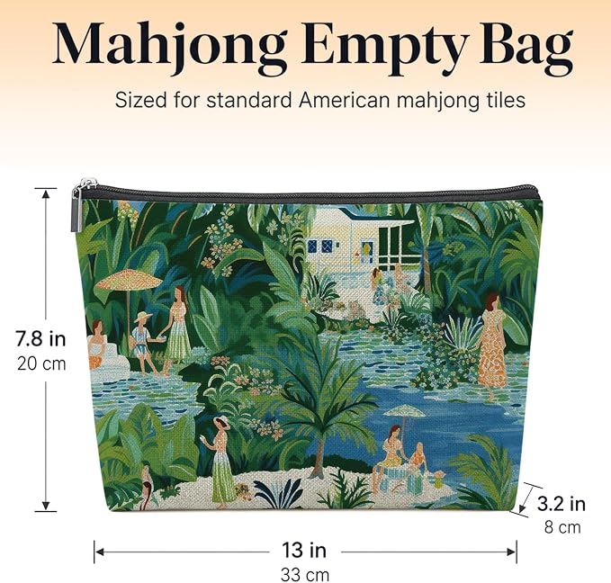Green Summer Tropical Beach Empty Mahjong Tile Bag 13x7.8 Inch, | Palm Tree Printed Portable Travel Case Organizer Zipper Pouch for American Mahjong Tiles Game Night Accessories and Gifts