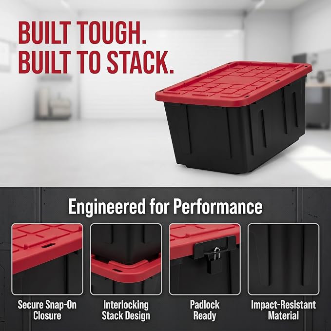 4-Pack 27Gal Stackable Storage Bins Locking Lids Heavy-Duty Dustproof | rust/dent/stain-proof,padlock-ready,anti-topple,easy-clean,eco-friendly