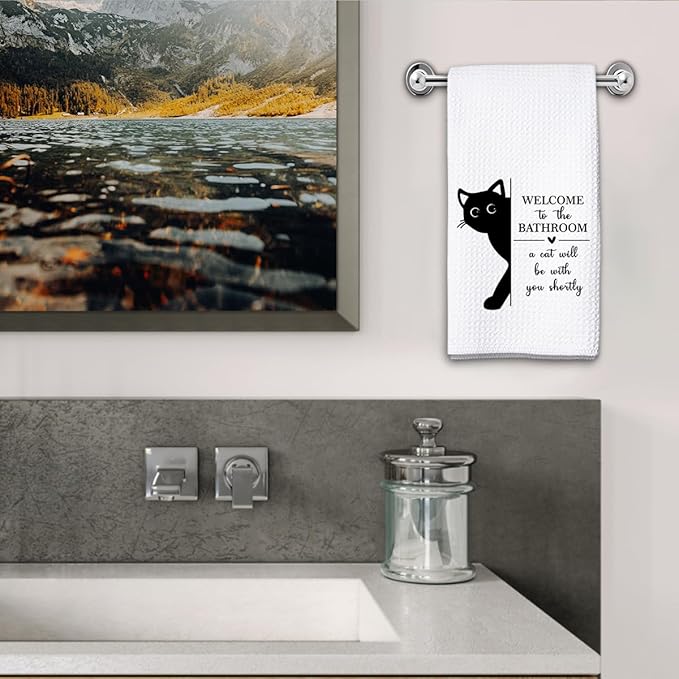 KIDEAR Funny Black Cat Bathroom Decor Welcome to The Bathroom Hand Towel,1 PCS Cute Black Cat Kitchen Towels for Toilet Wall Decorations,Cute Animal, Gifts for Women, Pet Owners Housewarming - A08