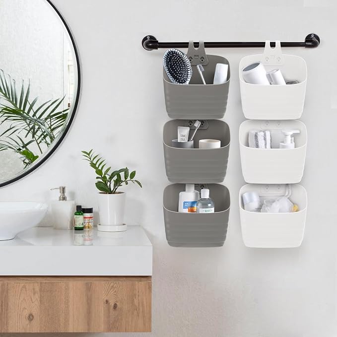 Noamus 6 Pack Plastic Hanging Basket for Kitchen, Over Cabinet Door Organizer with Removable Hook, Stackable Wall Mounted Storage Shower Caddy, No Drilling Shelf Bins for Food Bathroom Pantry Closet