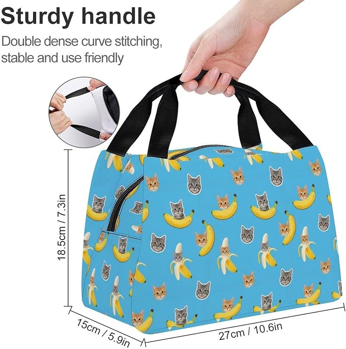 Cute Insulated Lunch Bag for Women Men, Funny Cat Banana Bananas | Large Capacity Leakproof Cooler Tote, Non Slip, with Sturdy Zipper, for Daily Use Outdoor Activities