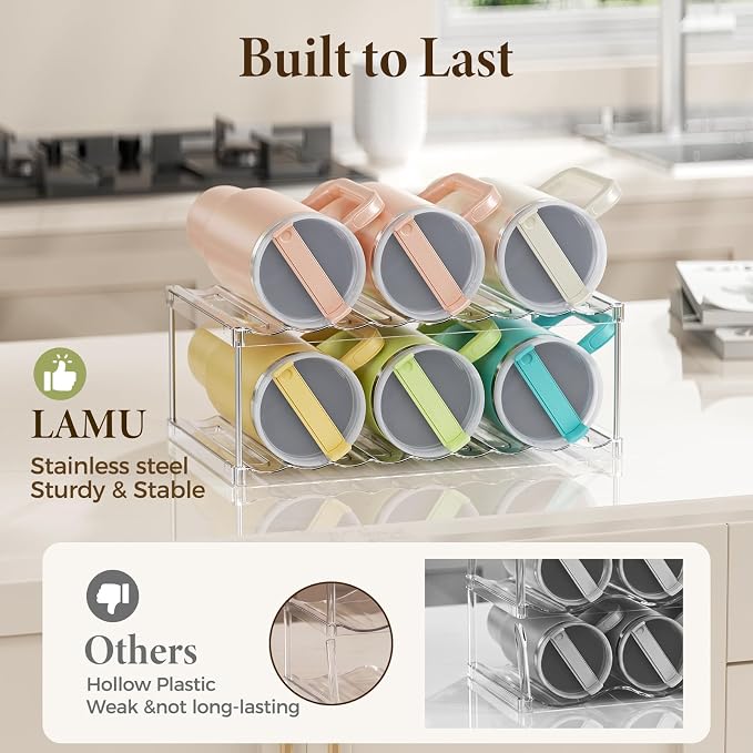 LAMU Stackable Water Bottle Organizer Holder Tumbler Cup Storage Rack | 2 Tier Clear PET Holder for Stanley 16-40oz Large Water Bottle Tumbler Cup Storage for Kitchen Cabinet Pantry Countertop