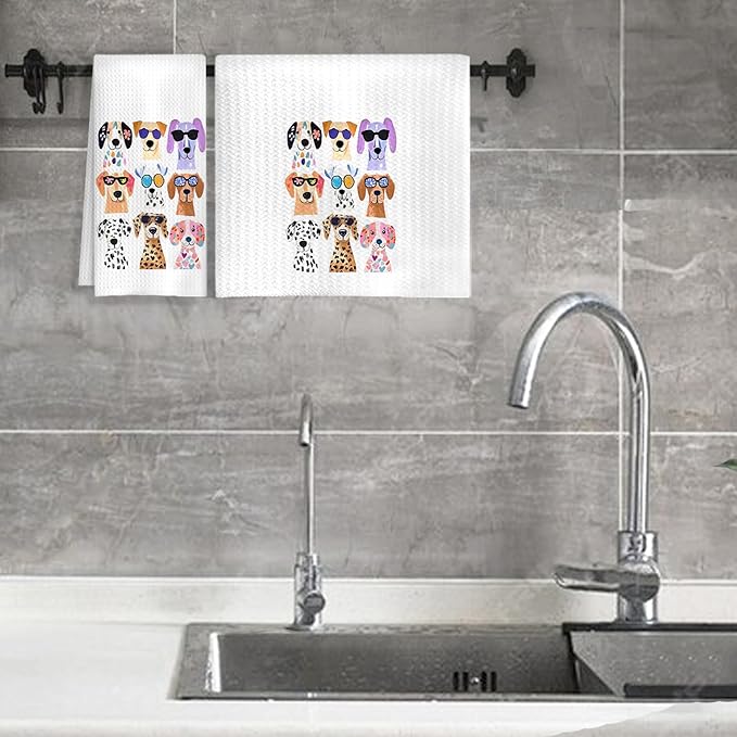 Funny Colorful Dog Kitchen Towels, Dog Lover Mom Owner Gifts Dish Tea Towels for Kitchen, Trendy Puppy with Glasses Hand Towel for Bathroom Decor, 16x24 Inches