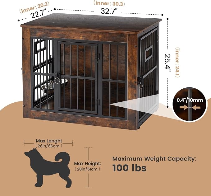 32 Inch Heavy Duty Dog Crate Furniture for Medium/Small Dogs, Decorative Pet House End Table with 3 Doors & Adjustable Bowls, Wooden Cage Kennel Furniture Indoor, Rustic Brown