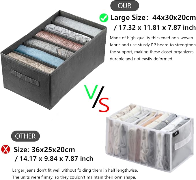 4Pcs Large Wardrobe Clothes Organizer, 6/9 Grids Foldable Jeans Closet Drawer Organizer Storage Box with Handles for Pants, T-shirts, Sweater, Scarves, Bras (17.3"x11.8"x7.9")
