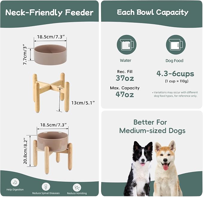 Havniva Ceramic Dog Bowls Elevated, Raised Dog Food Bowl for Medium Dogs | 7.3” Elevated Dog Bowls, Non-Slip Wood Stand, Dog Food and Water Bowl Set, Dog Feeding Dish, Large Capacity Pet Water Bowl