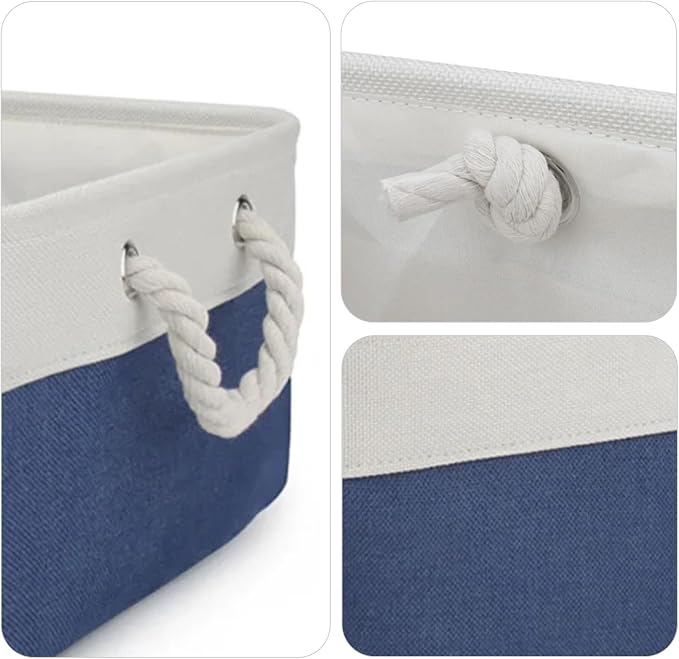 Pet Toy Storage Box Dog Toy Organizer Basket Personalized Large Capacity Collapsible Bin Two-Tone Linen Chest with Sturdy Handles for Living Room Pet Supplies Organizing (White Blue L)