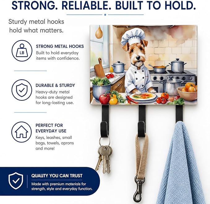 Caroline's Treasures Fox Terrier The Chef Leash or Key Holder Wall Hooks, Key Hooks Holder, Coat Rack Wall Mount, Coat Hooks, Hooks for Hanging Keys, Towels, Aprons, Leashes | Fox Terrier The Chef artwork on ceramic tile with three steel hooks for keys...