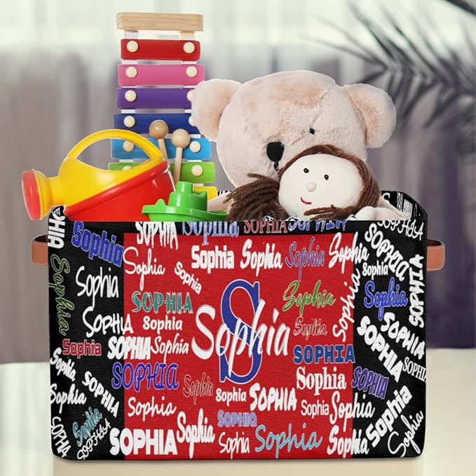 Personalized Name Storage Basket Handles, Canvas Storage Bins Toys Clothes Organizer for Bedroom, Kitchen, Bathroom, Nursery, Shelves, Closets, Black with Red Color